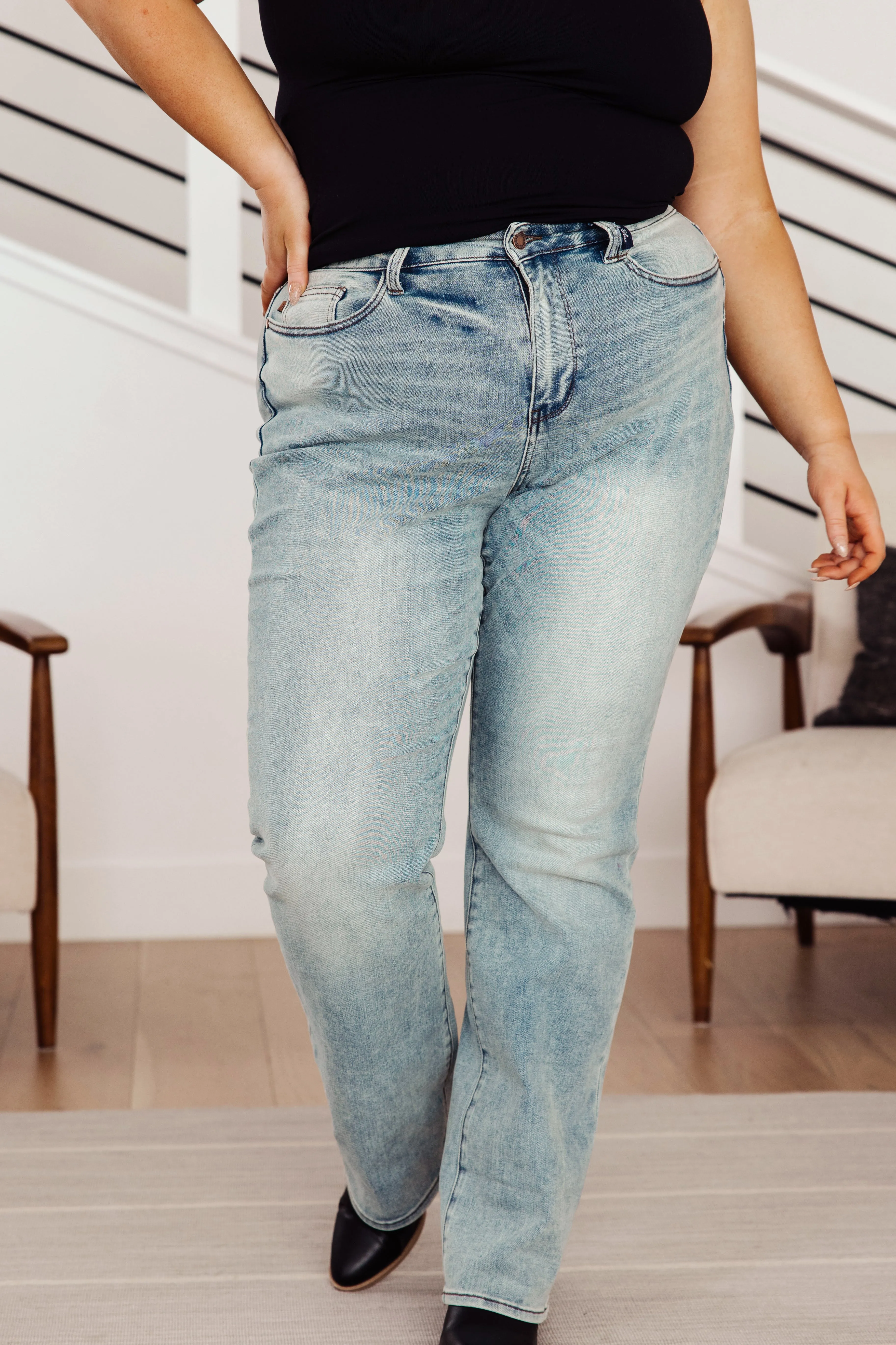 Hazel Blues® |  Miranda High Rise Plaid Cuff Vintage Straight Jeans