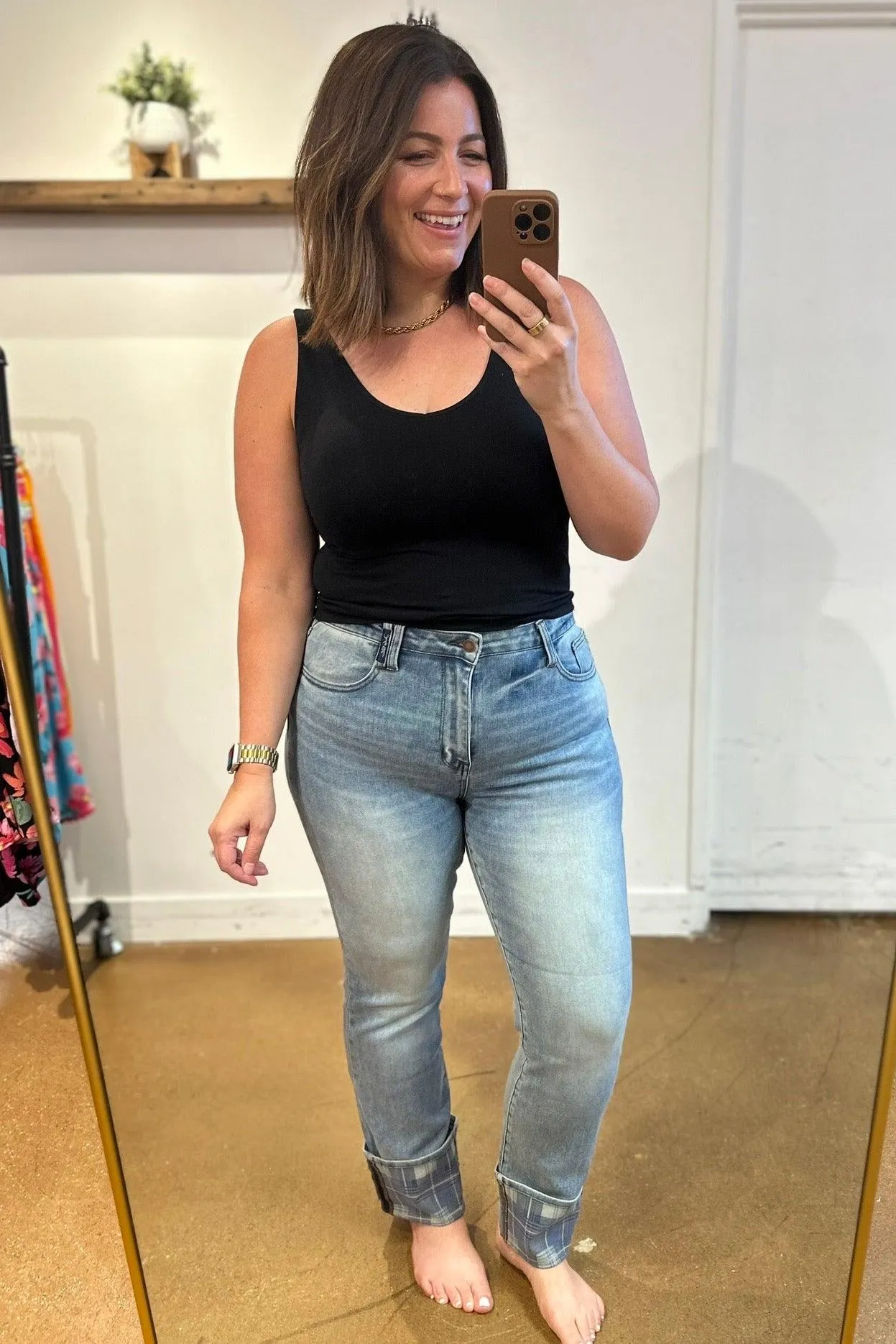 Hazel Blues® |  Miranda High Rise Plaid Cuff Vintage Straight Jeans