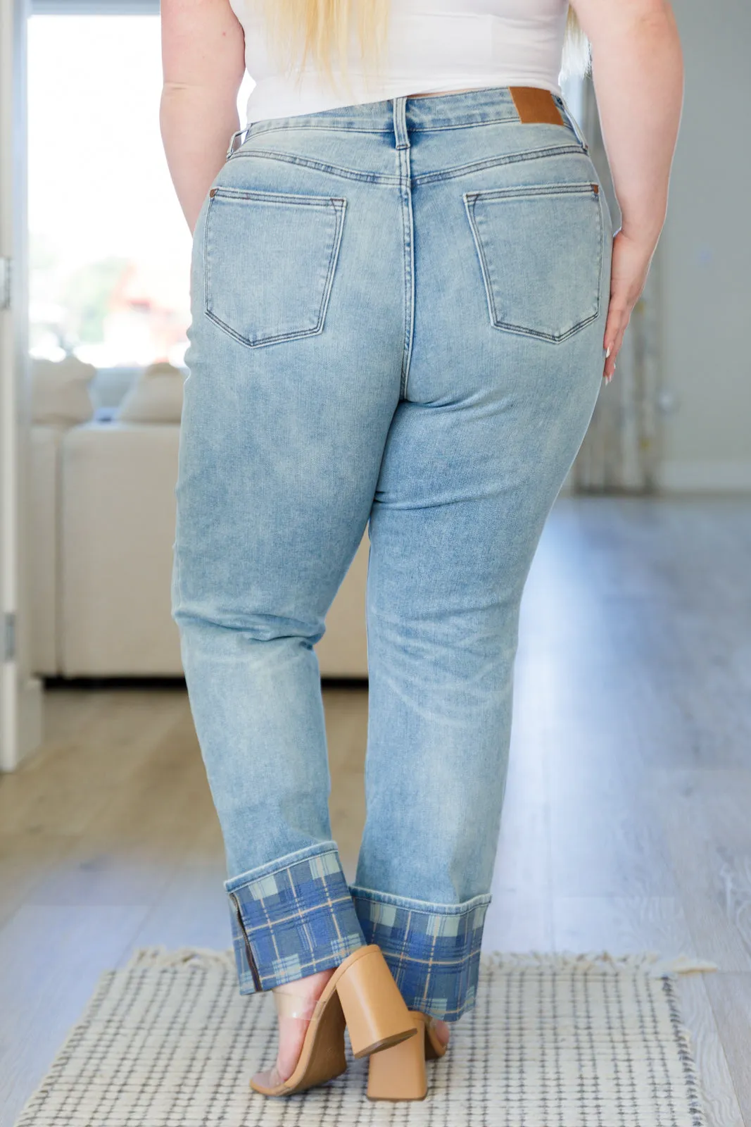 Hazel Blues® |  Miranda High Rise Plaid Cuff Vintage Straight Jeans