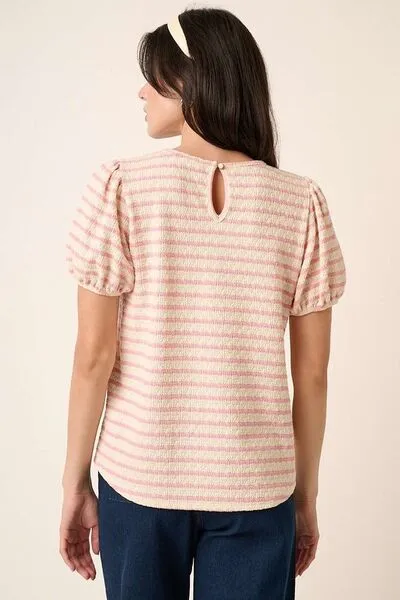 Hazel Blues® |  Mittoshop Contrast Striped Short Puff Sleeve Knit Top