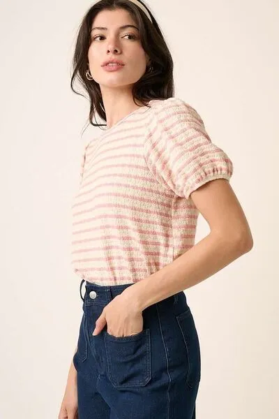 Hazel Blues® |  Mittoshop Contrast Striped Short Puff Sleeve Knit Top