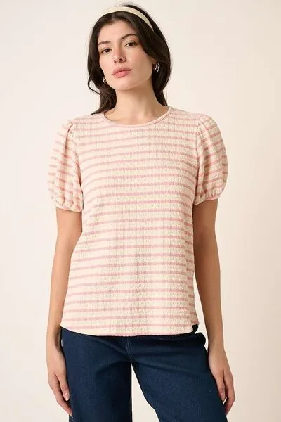 Hazel Blues® |  Mittoshop Contrast Striped Short Puff Sleeve Knit Top