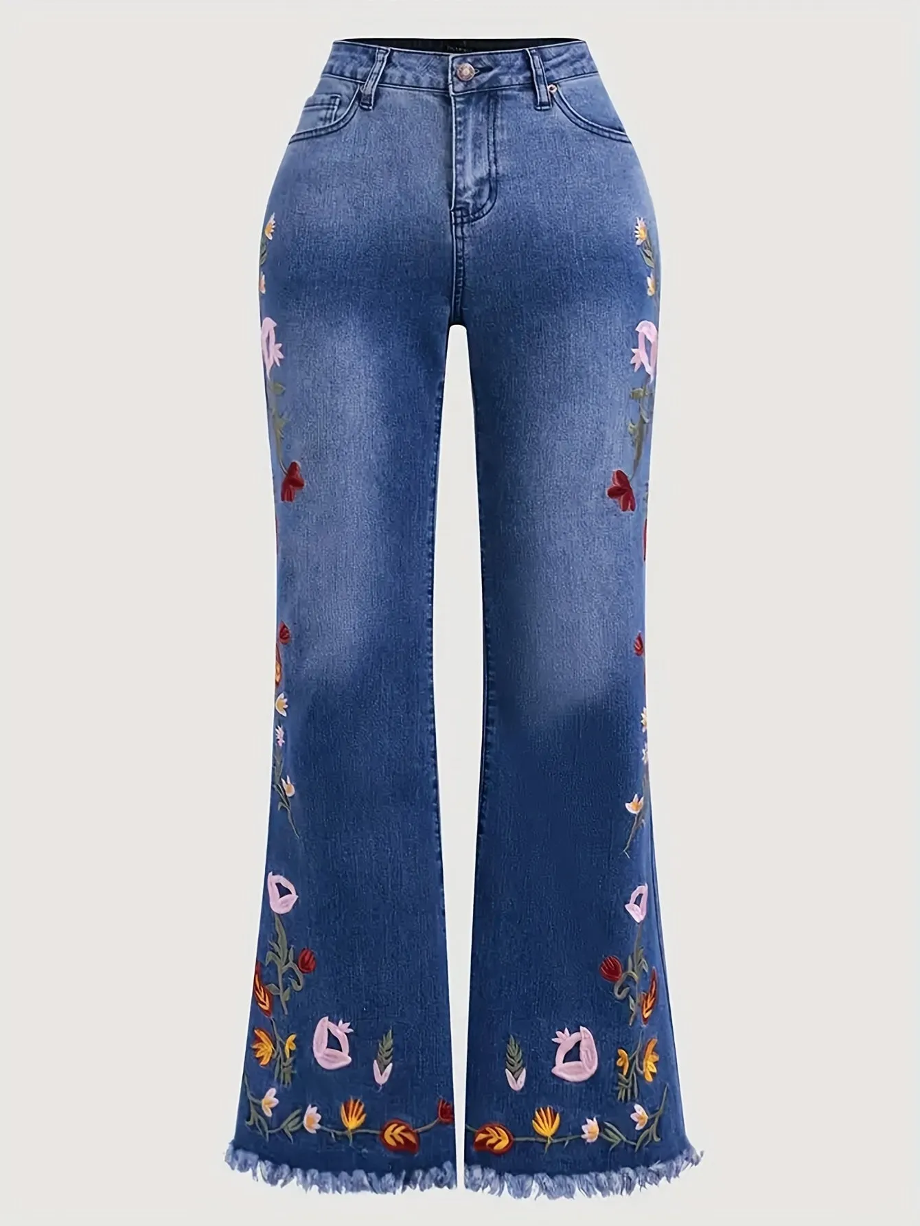 High-Waisted Elegant Floral Embroidered Flared Jeans – Women’s Skinny Denim with Raw Hem Detail