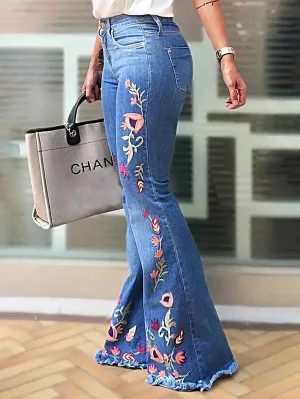 High-Waisted Elegant Floral Embroidered Flared Jeans – Women’s Skinny Denim with Raw Hem Detail