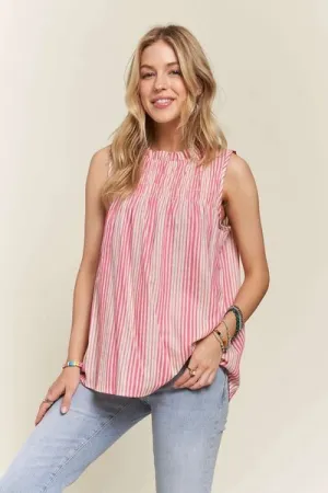 Hot Pink Contrast Striped Frill Round Neck Sleeveless Top