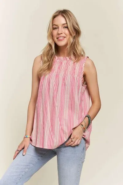 Hot Pink Contrast Striped Frill Round Neck Sleeveless Top