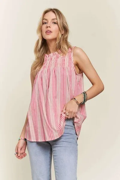 Hot Pink Contrast Striped Frill Round Neck Sleeveless Top