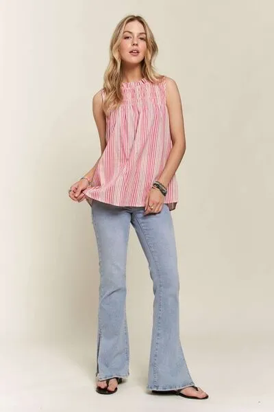 Hot Pink Contrast Striped Frill Round Neck Sleeveless Top