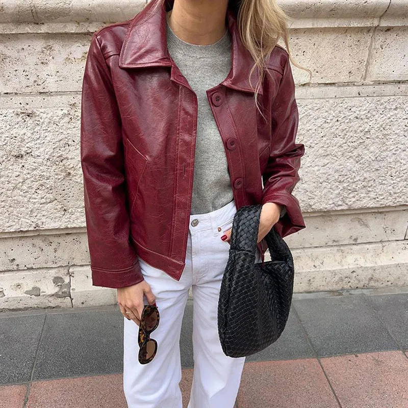 JazzHer Elegant Red Faux Leather Jackets Women Loose Lapel Single Breasted Pockets Long Sleeve Coat 2024 Autumn Lady Street Outwear New