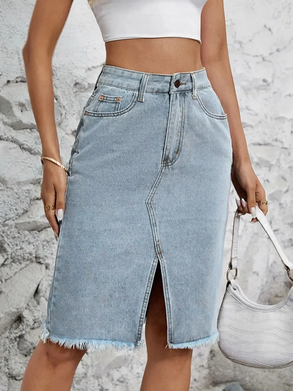 'Khaleesi' Raw Hem Slit Denim Skirt
