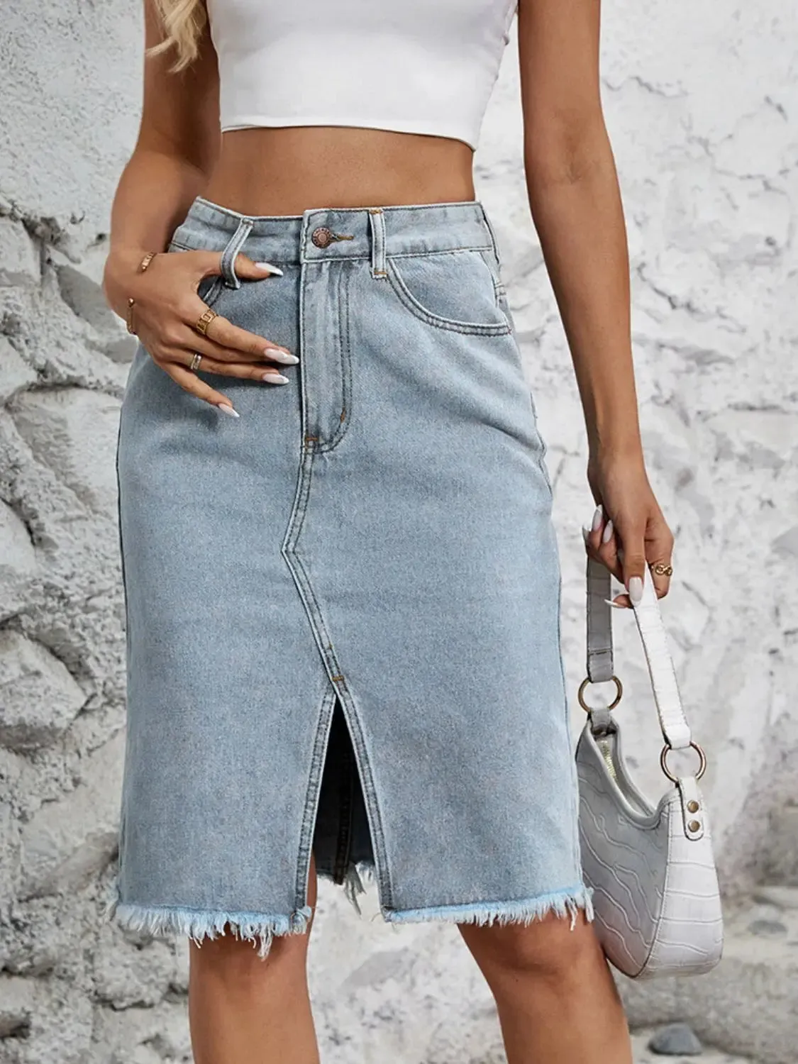 'Khaleesi' Raw Hem Slit Denim Skirt