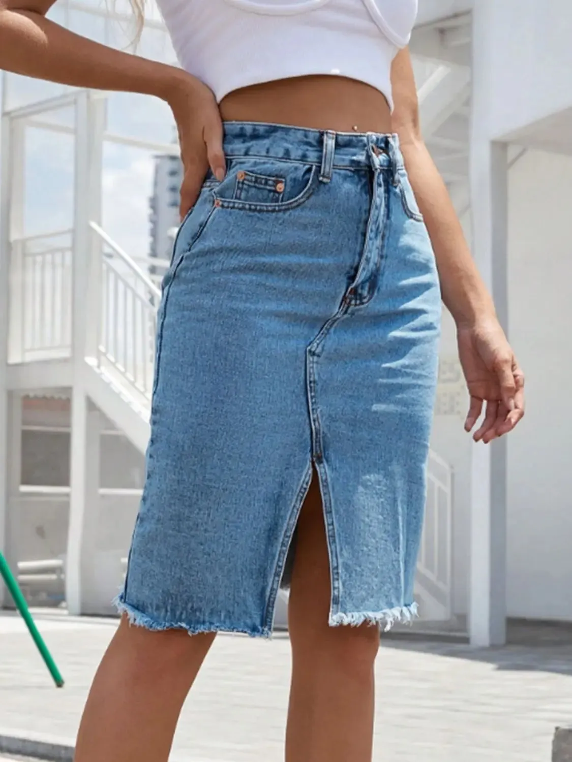 'Khaleesi' Raw Hem Slit Denim Skirt