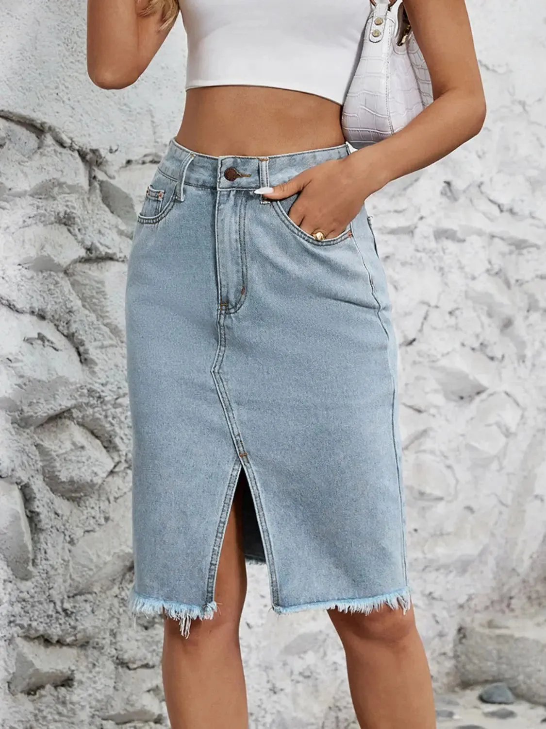 'Khaleesi' Raw Hem Slit Denim Skirt