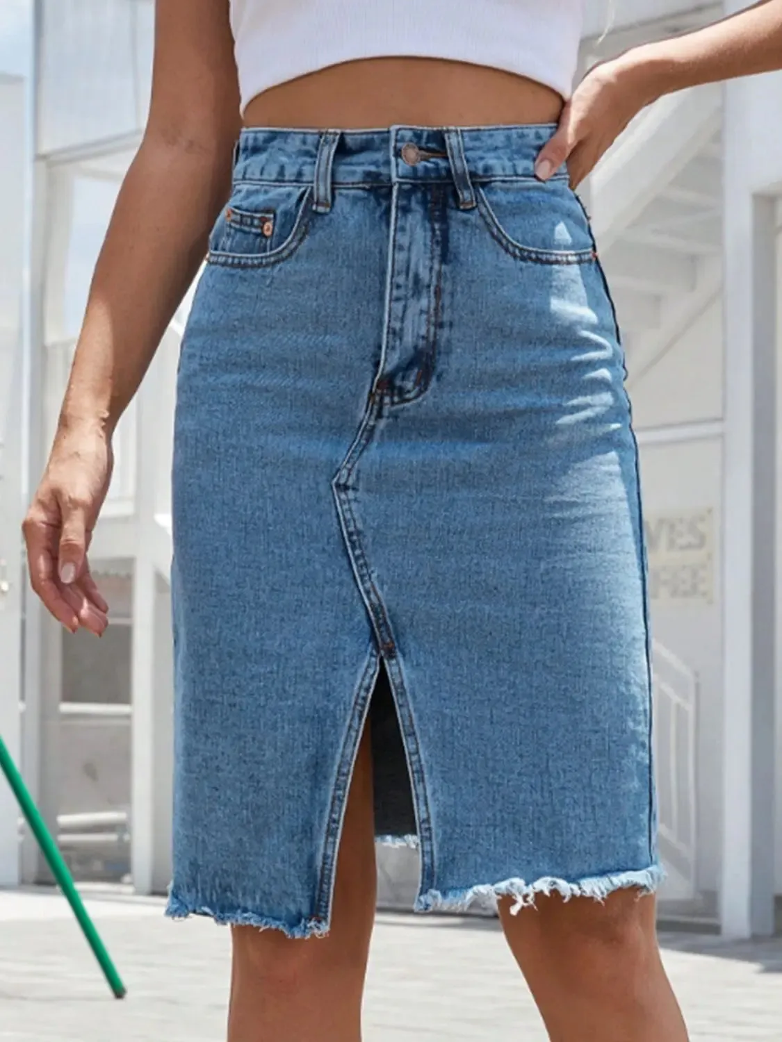 'Khaleesi' Raw Hem Slit Denim Skirt