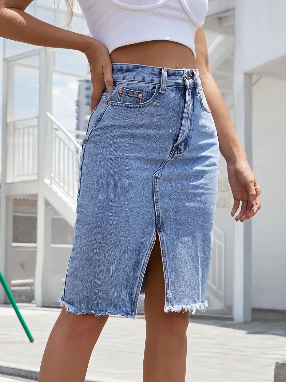 'Khaleesi' Raw Hem Slit Denim Skirt