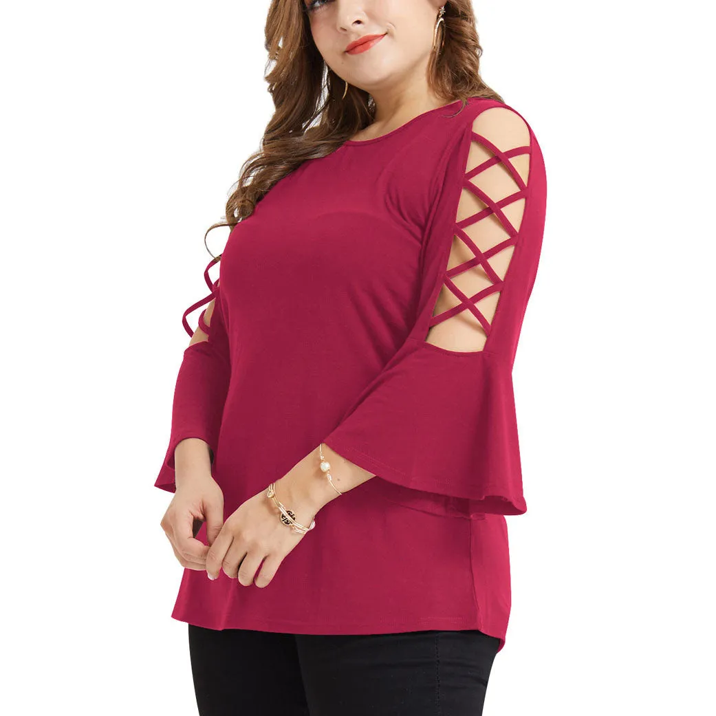 Large Size Women's Shirt Plus Size Hollow Trumpet Sleeve T-shirt Female