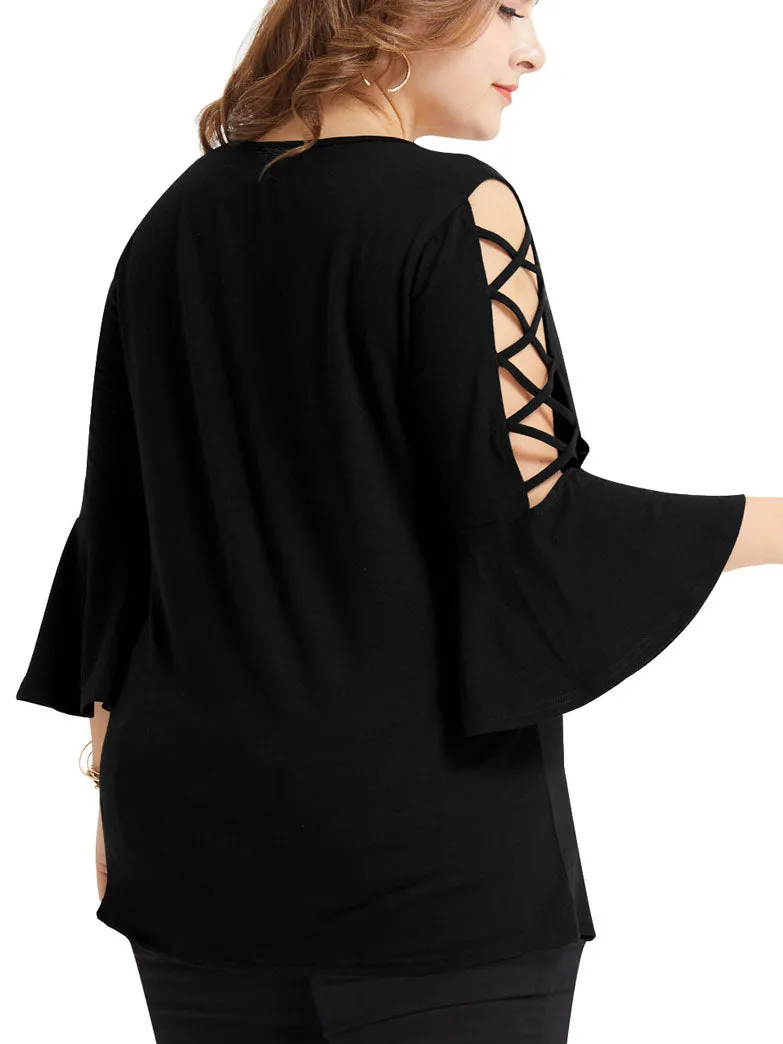 Large Size Women's Shirt Plus Size Hollow Trumpet Sleeve T-shirt Female