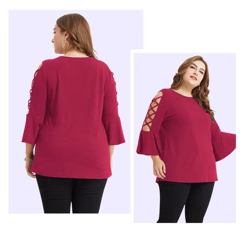 Large Size Women's Shirt Plus Size Hollow Trumpet Sleeve T-shirt Female