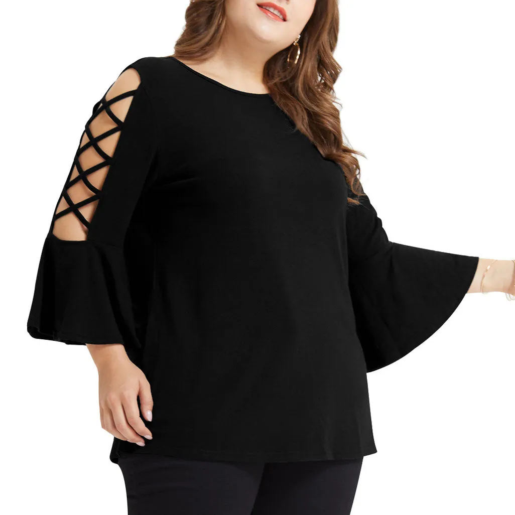 Large Size Women's Shirt Plus Size Hollow Trumpet Sleeve T-shirt Female