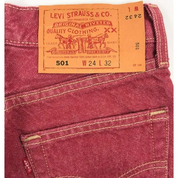 Levis 501 For Women 24x32 Red Jeans Vintage Button Fly Straight Leg Made In USA