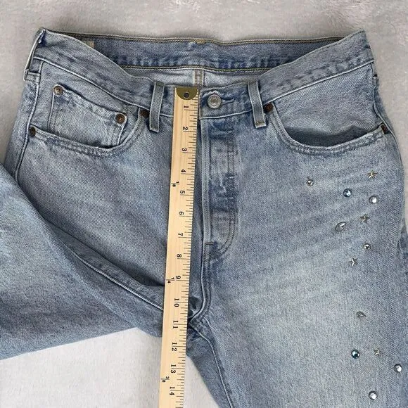 Levis 501 Straight Jeans Womens 30x30 Bling Studded Button Fly Big E Premium Y2K
