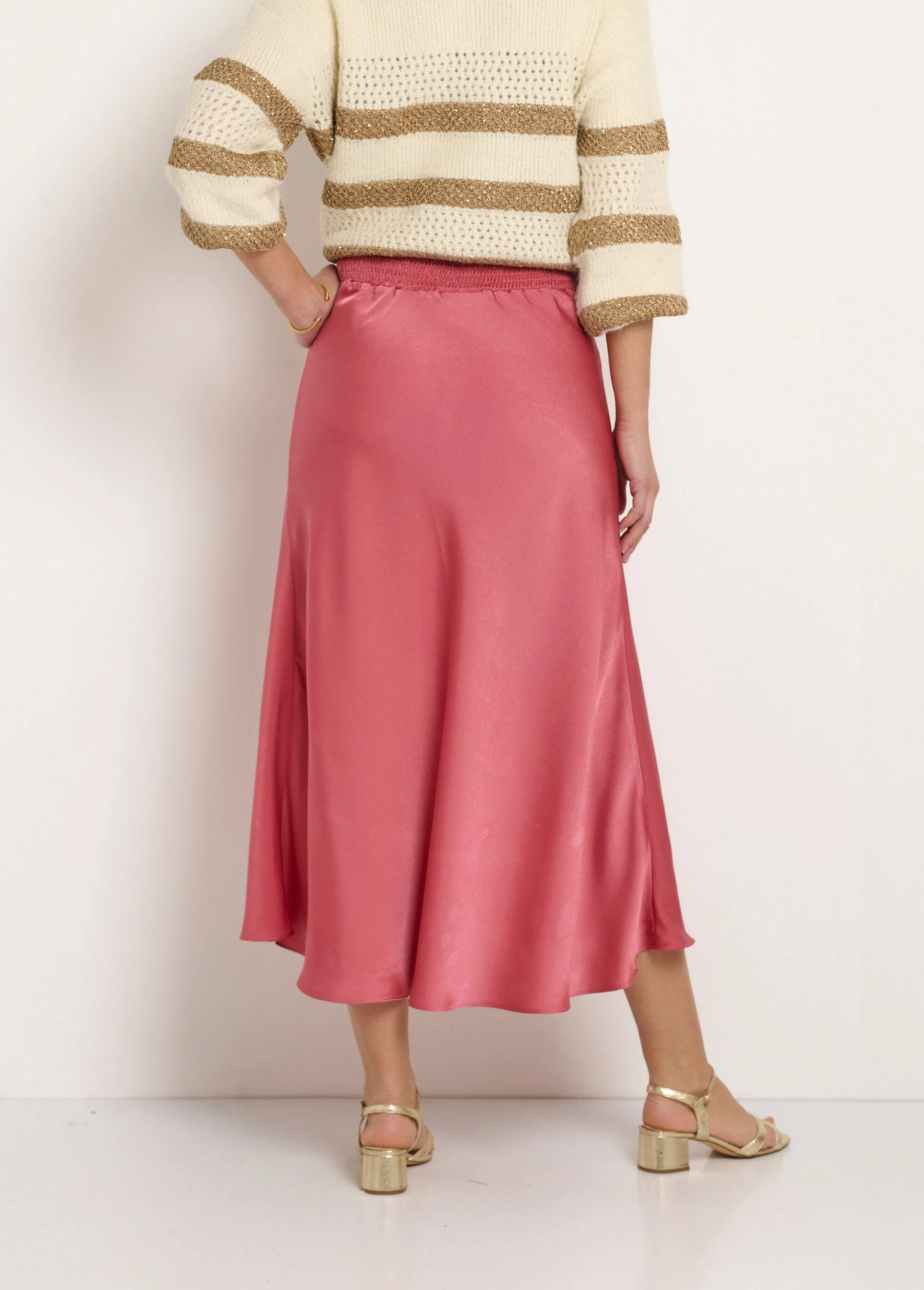 Long flared satin skirt with elasticated back