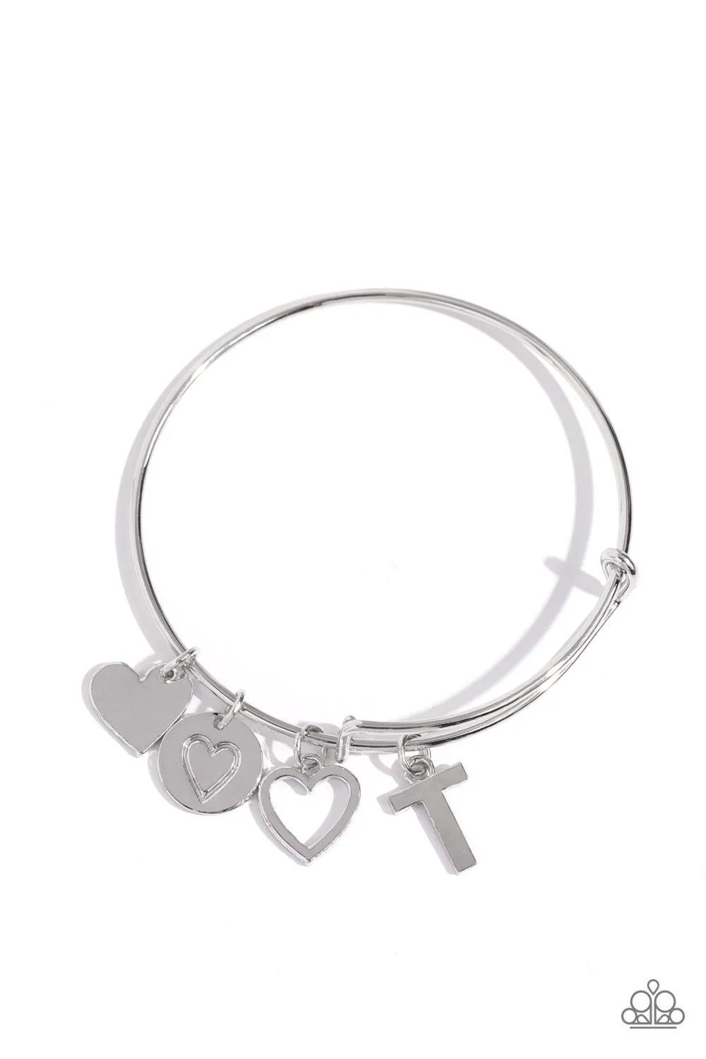 Making It INITIAL - Silver - T - Heart and Letter Charm Paparazzi Bangle Bracelet