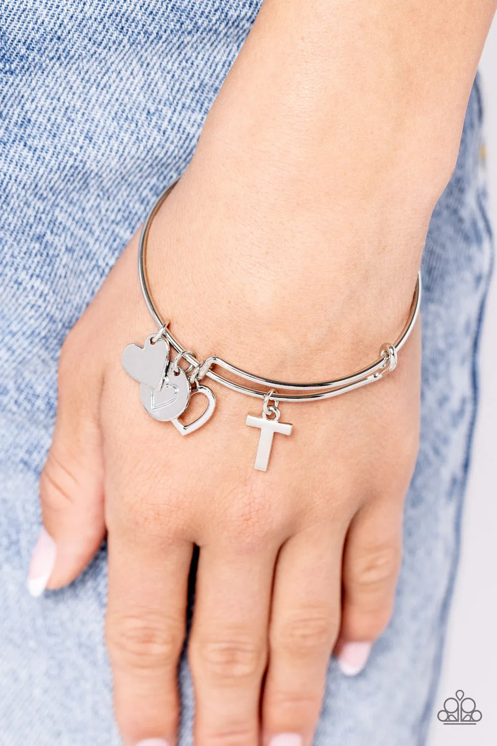 Making It INITIAL - Silver - T - Heart and Letter Charm Paparazzi Bangle Bracelet
