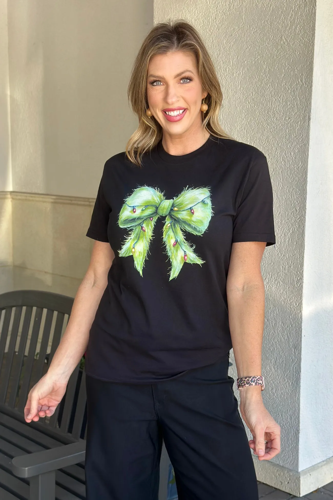 Merry Christmas Lights Coquette Bow Graphic Tee
