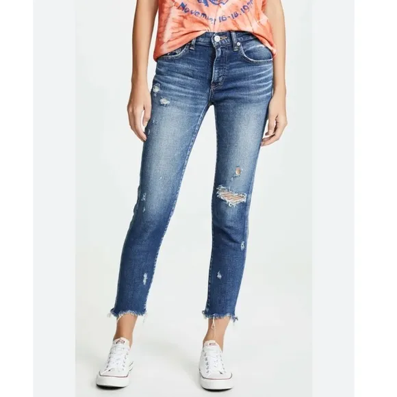 Moussy Vintage Glendale Mid Rise Distressed Tapered Cropped Blue Jeans