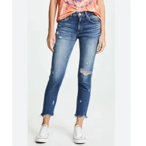 Moussy Vintage Glendale Mid Rise Distressed Tapered Cropped Blue Jeans