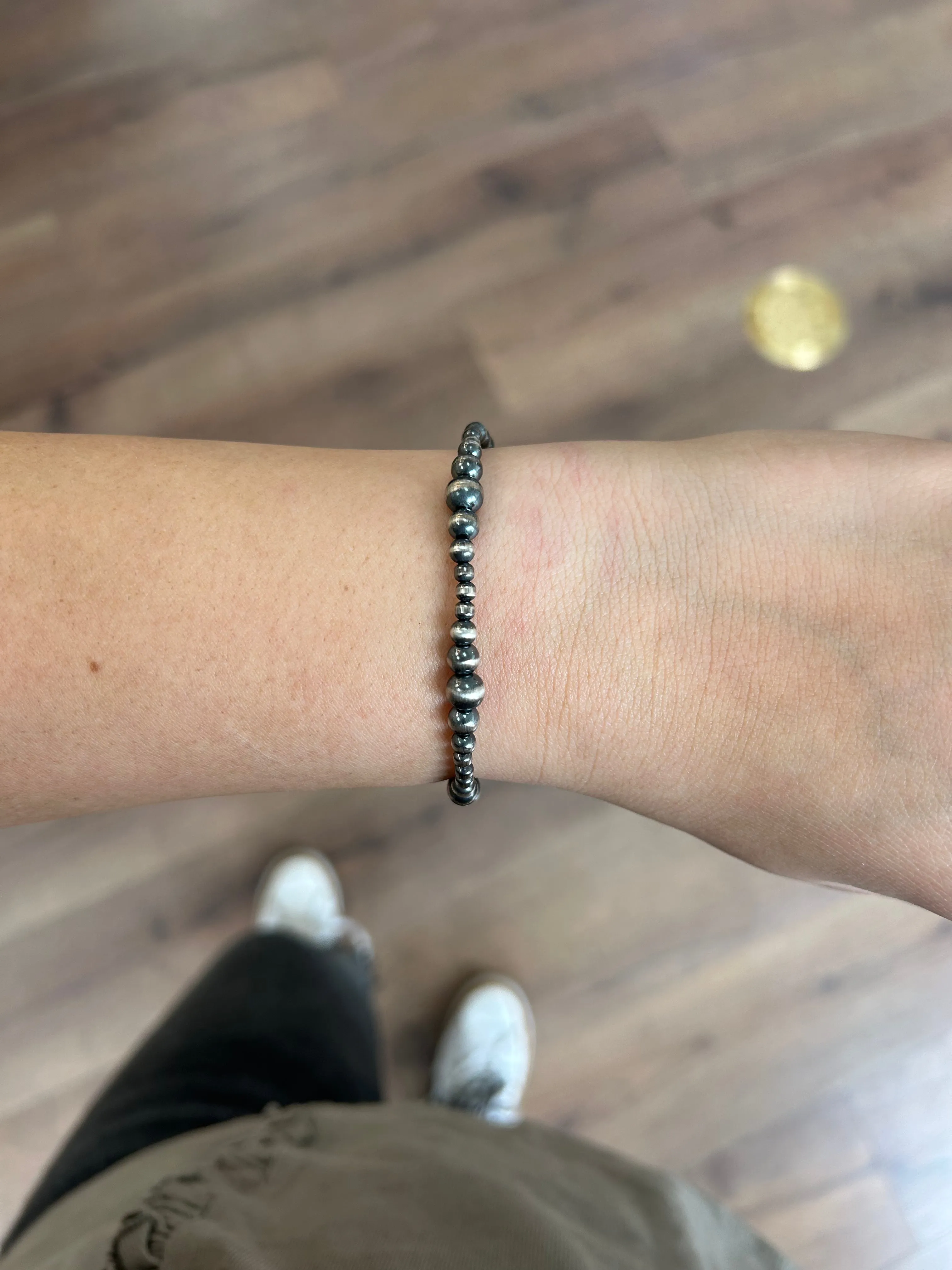 Multi Size Navajo Pearl Stretch Bracelet - Silver