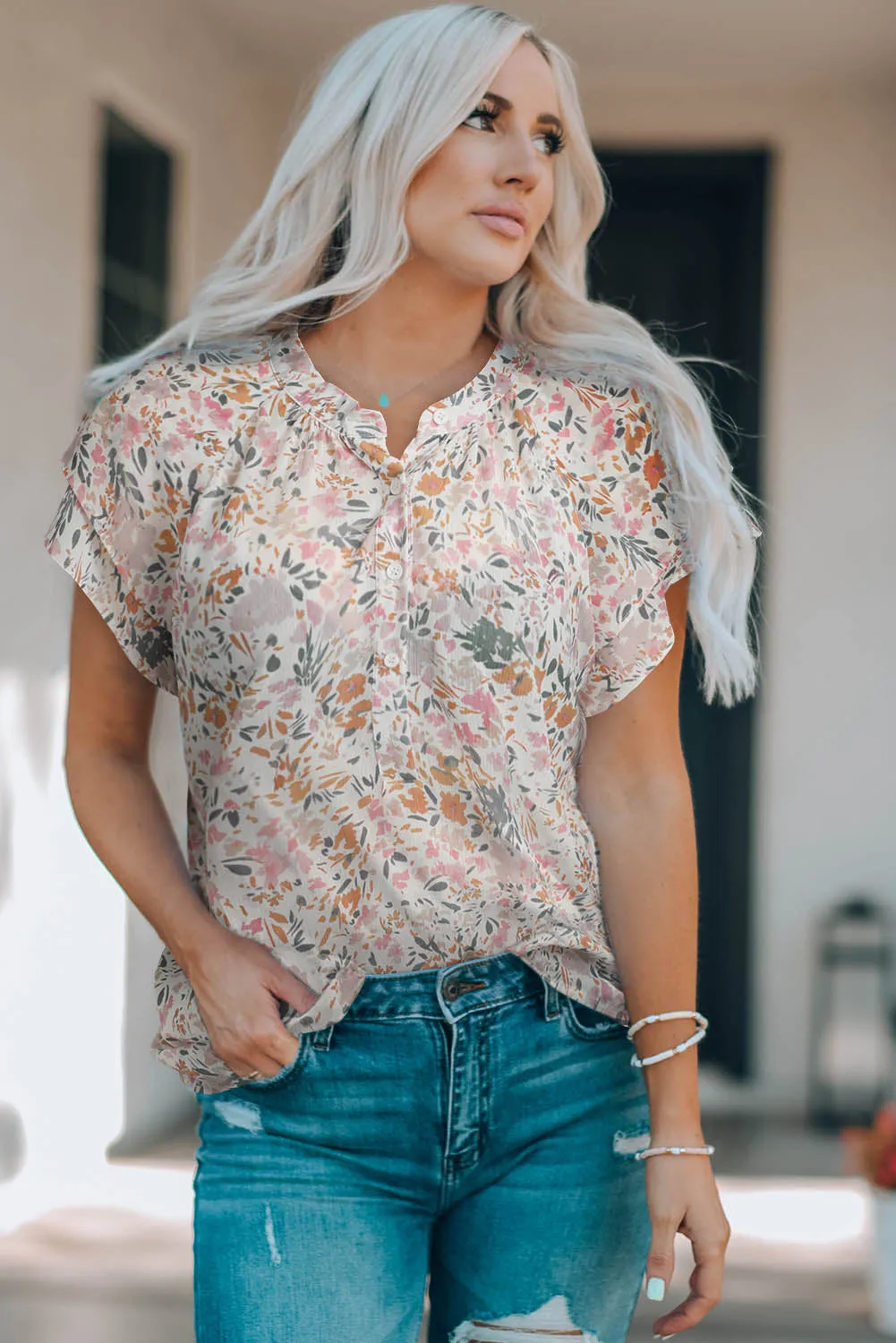 Multicolor Floral Mandarin Collar Top