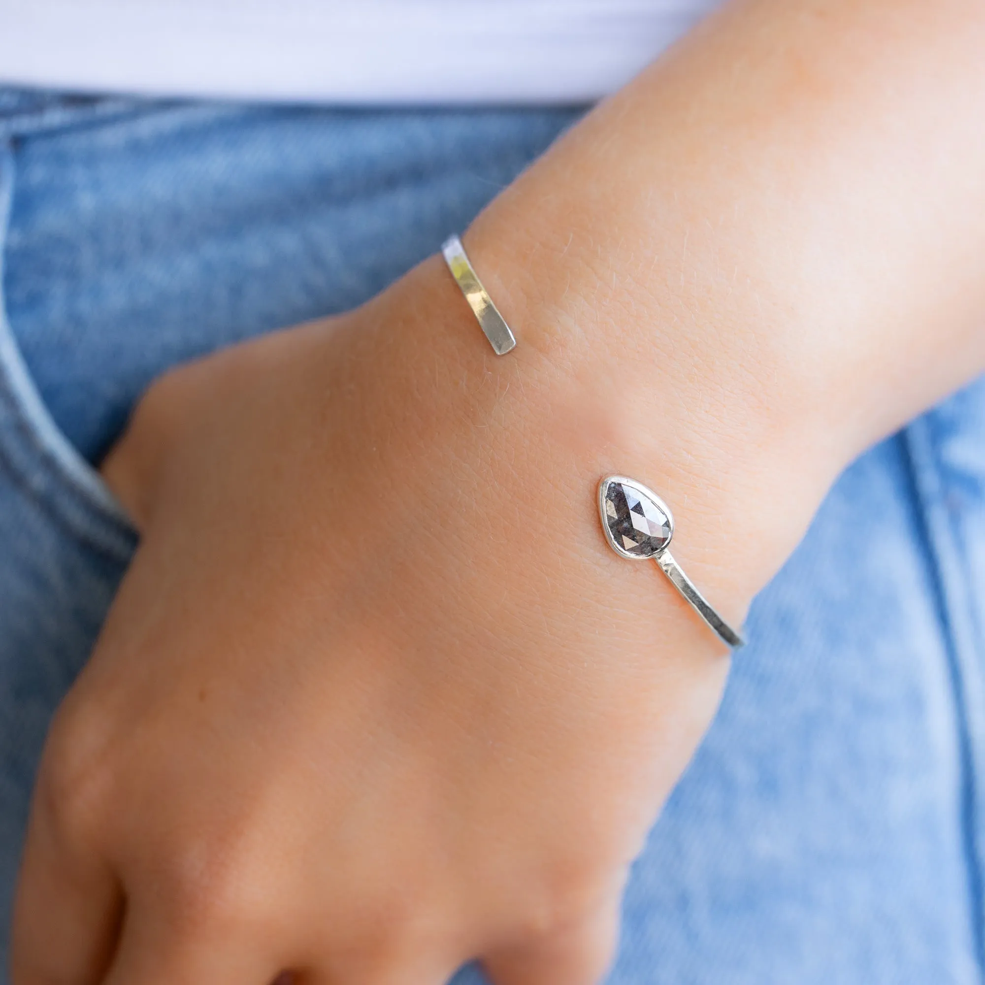 One of A Kind Pear Salt and Pepper Diamond Cuff Bracelet | Sterling Silver
