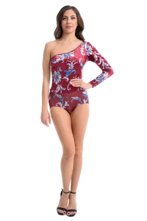 Paisley Floral Print One-Sleeve Velvet Bodysuit