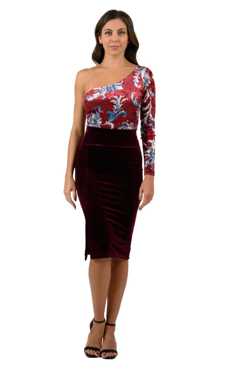 Paisley Floral Print One-Sleeve Velvet Bodysuit