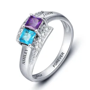 Personalized Sterling Silver Ring for Couples - Engrave Two Custom Names, One Phrase, and Cubic Zirconia Birthstones - Unique Gifts