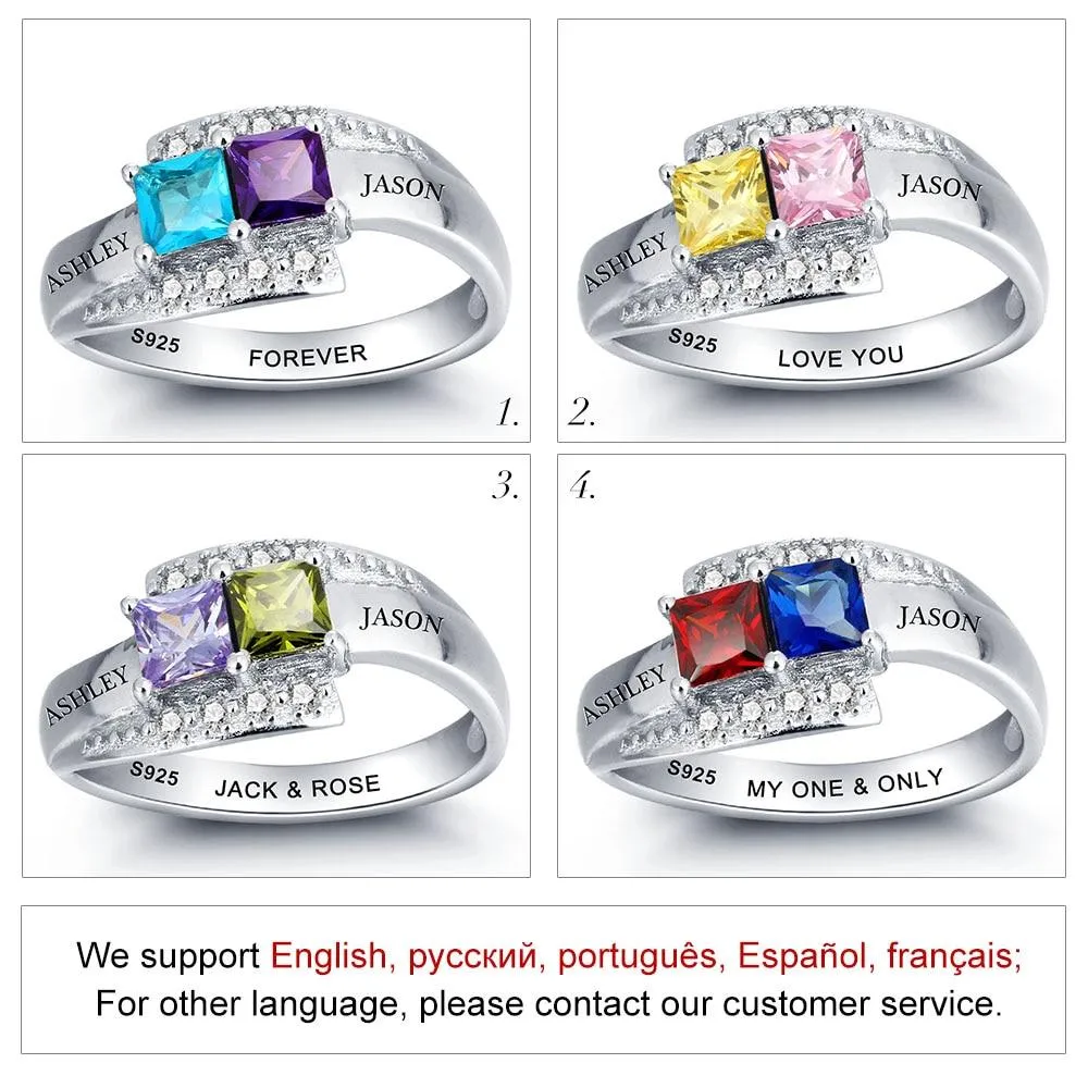 Personalized Sterling Silver Ring for Couples - Engrave Two Custom Names, One Phrase, and Cubic Zirconia Birthstones - Unique Gifts