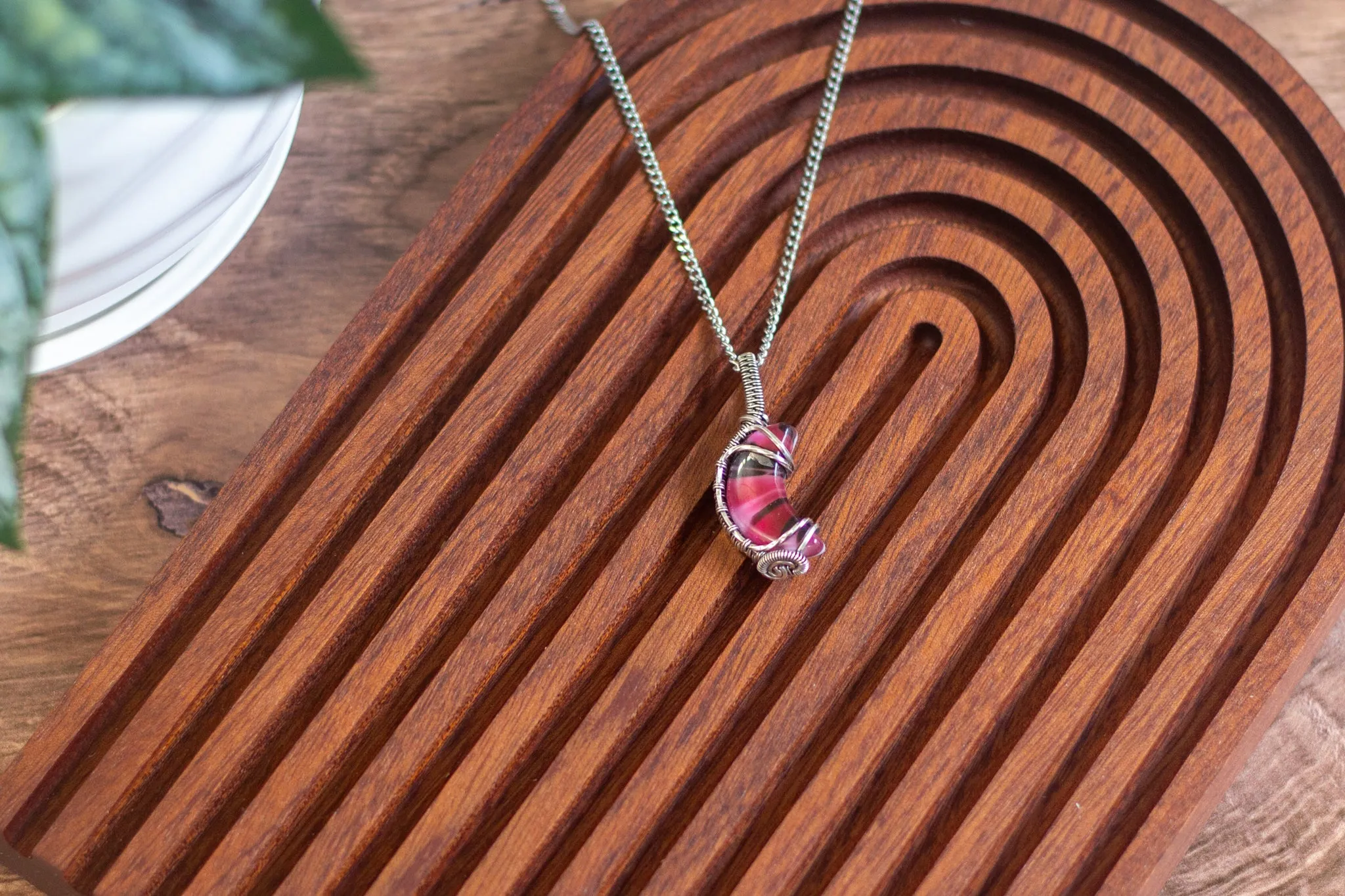 Pink and Black Fused Glass Crescent Moon Pendant with Sterling Silver Wire Wrapping