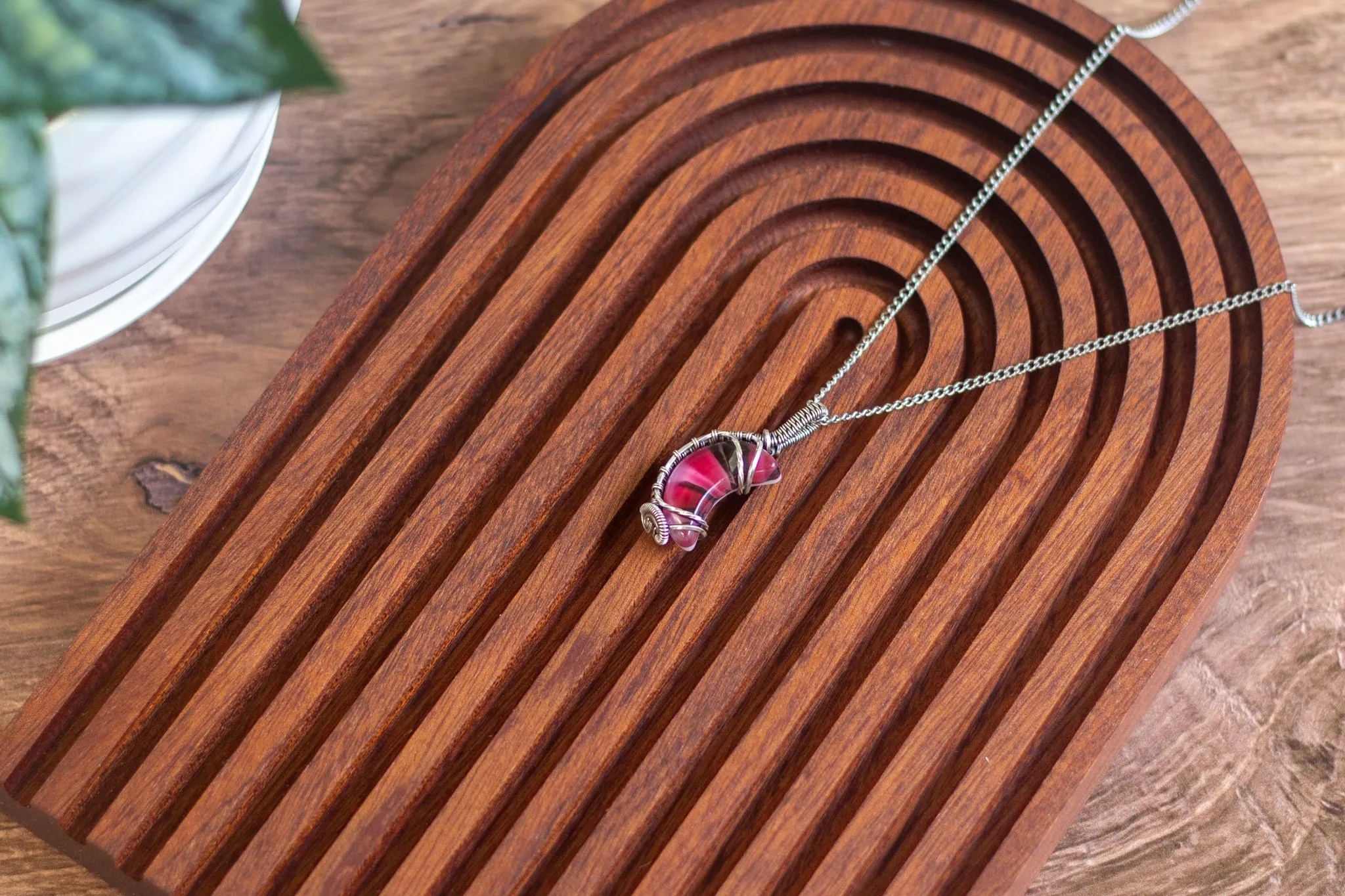 Pink and Black Fused Glass Crescent Moon Pendant with Sterling Silver Wire Wrapping