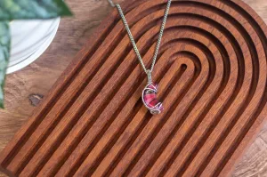 Pink and Black Fused Glass Crescent Moon Pendant with Sterling Silver Wire Wrapping