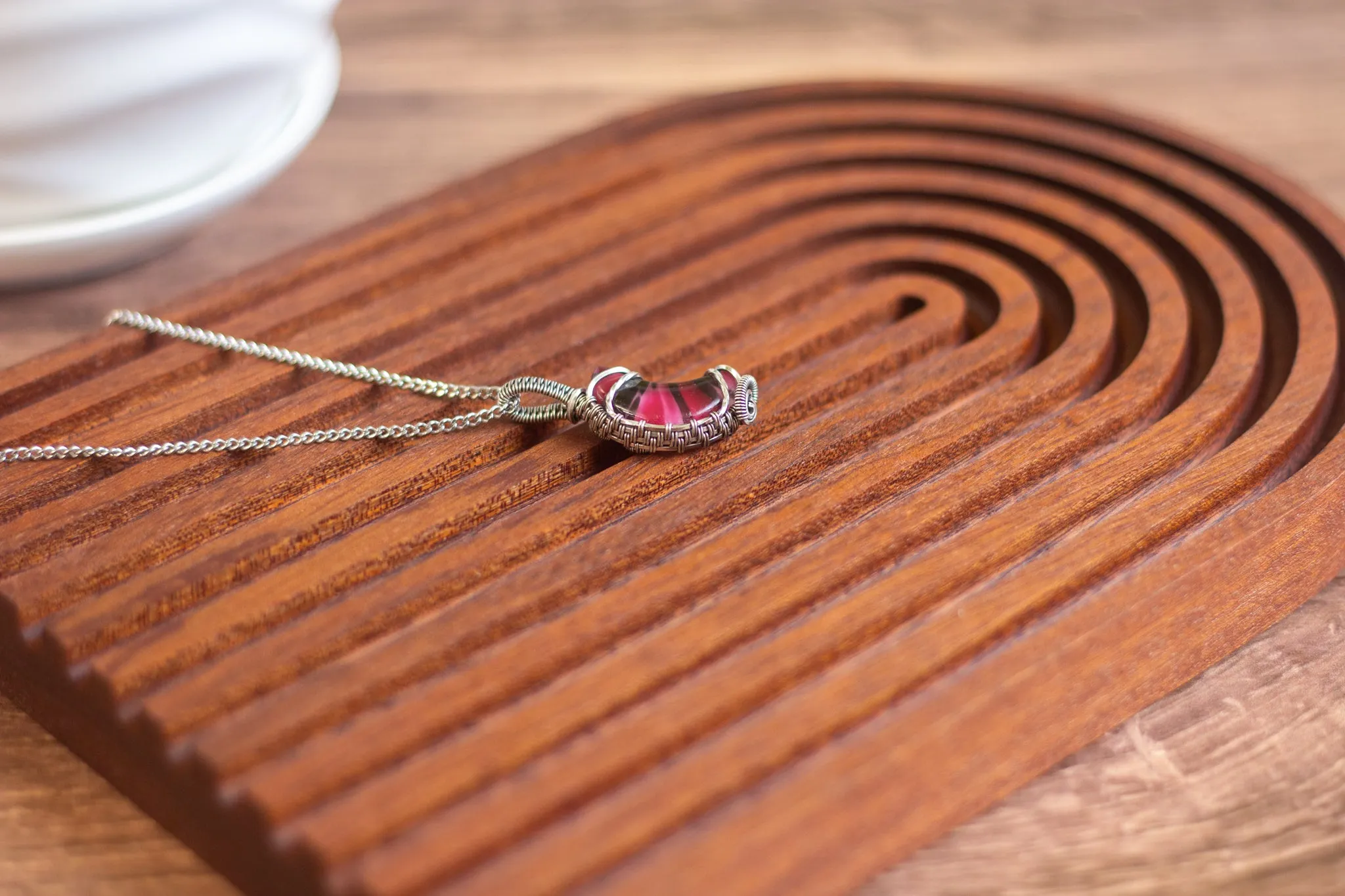 Pink and Black Fused Glass Crescent Moon Pendant with Sterling Silver Wire Wrapping