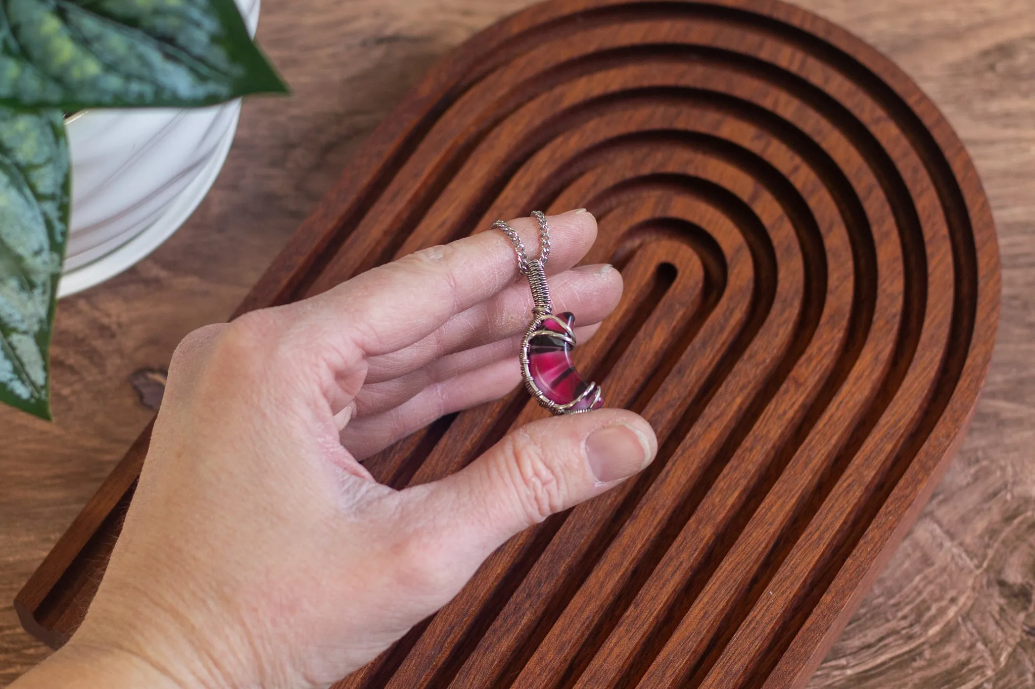 Pink and Black Fused Glass Crescent Moon Pendant with Sterling Silver Wire Wrapping