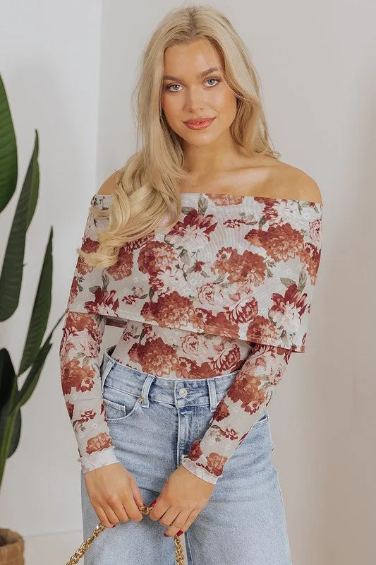 Pink Floral Printed Long Sleeve Sheath Bodysuit