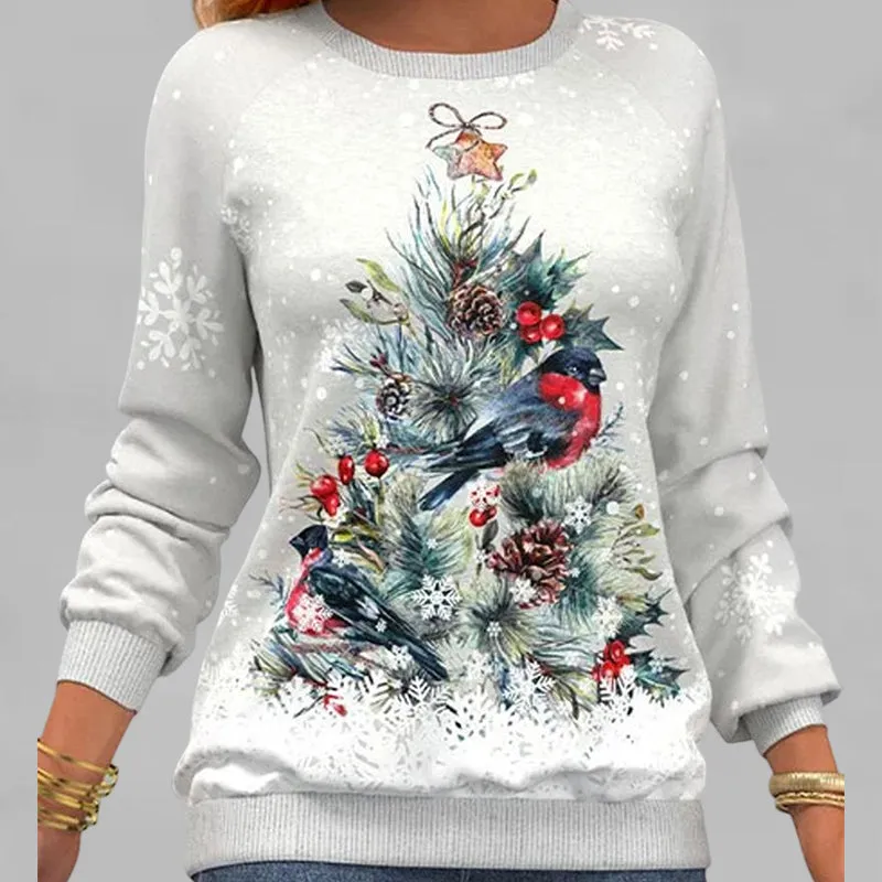 Pullover mit Weihnachtsbaummuster und Schneeflockenprint und langen Ärmeln