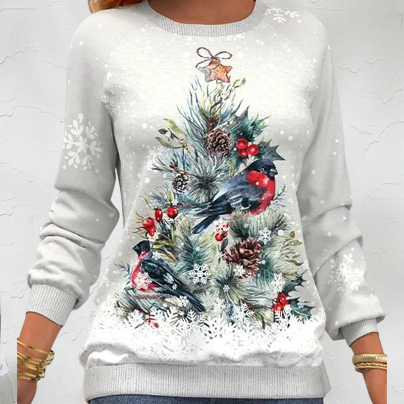 Pullover mit Weihnachtsbaummuster und Schneeflockenprint und langen Ärmeln
