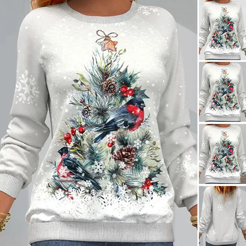 Pullover mit Weihnachtsbaummuster und Schneeflockenprint und langen Ärmeln