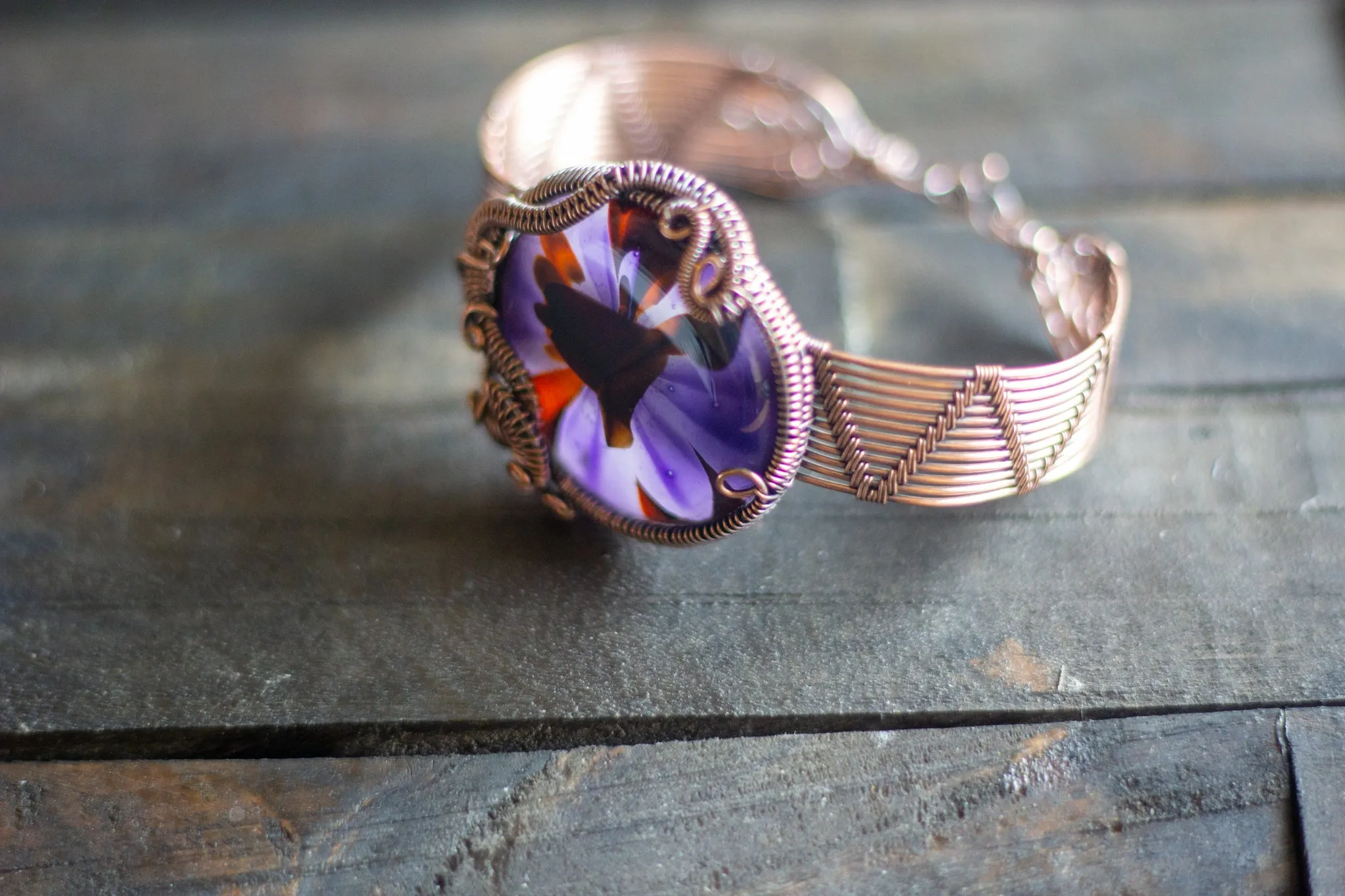 Purple and Red Fused Glass and Copper Statement Bracelet