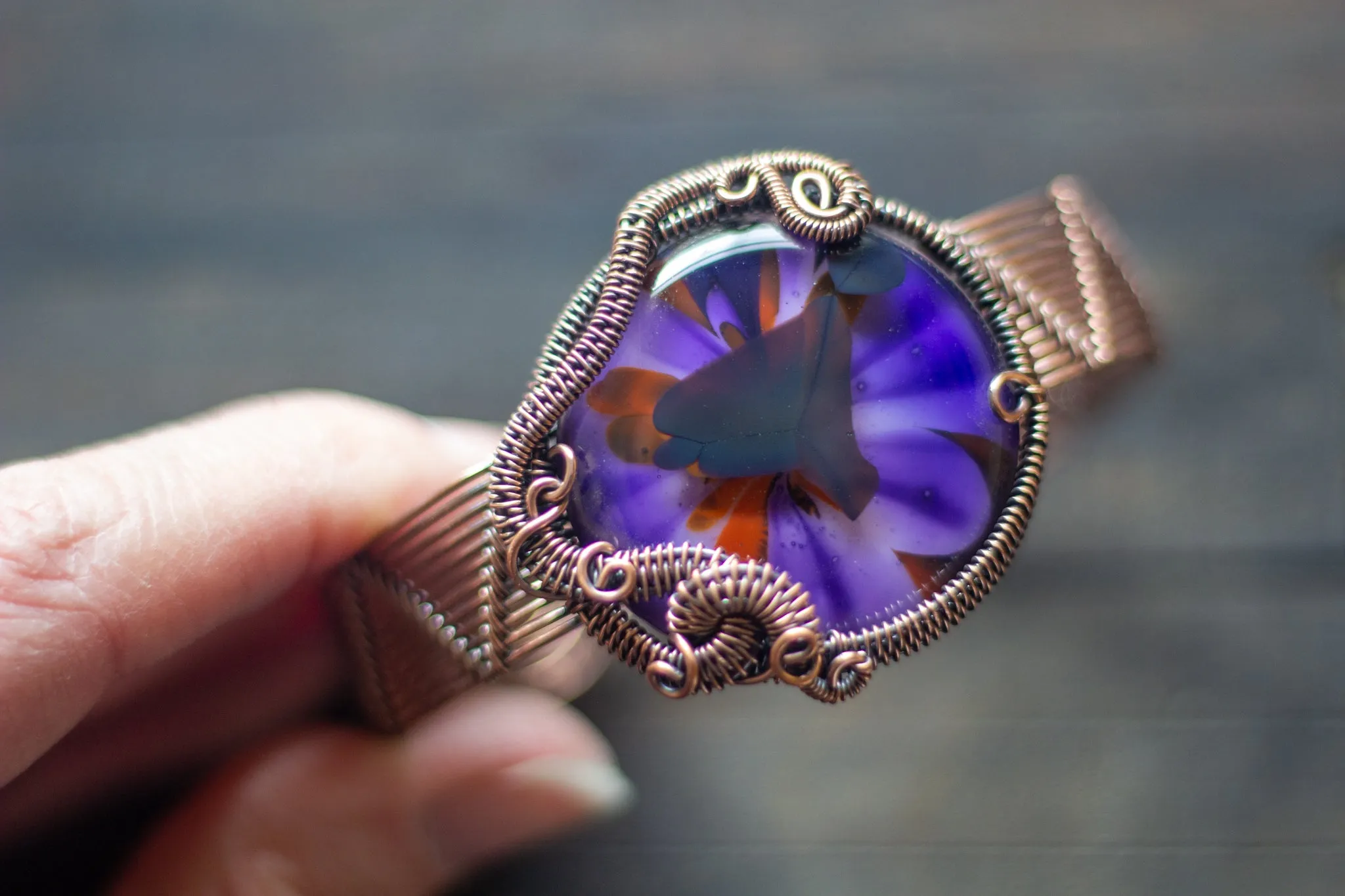 Purple and Red Fused Glass and Copper Statement Bracelet