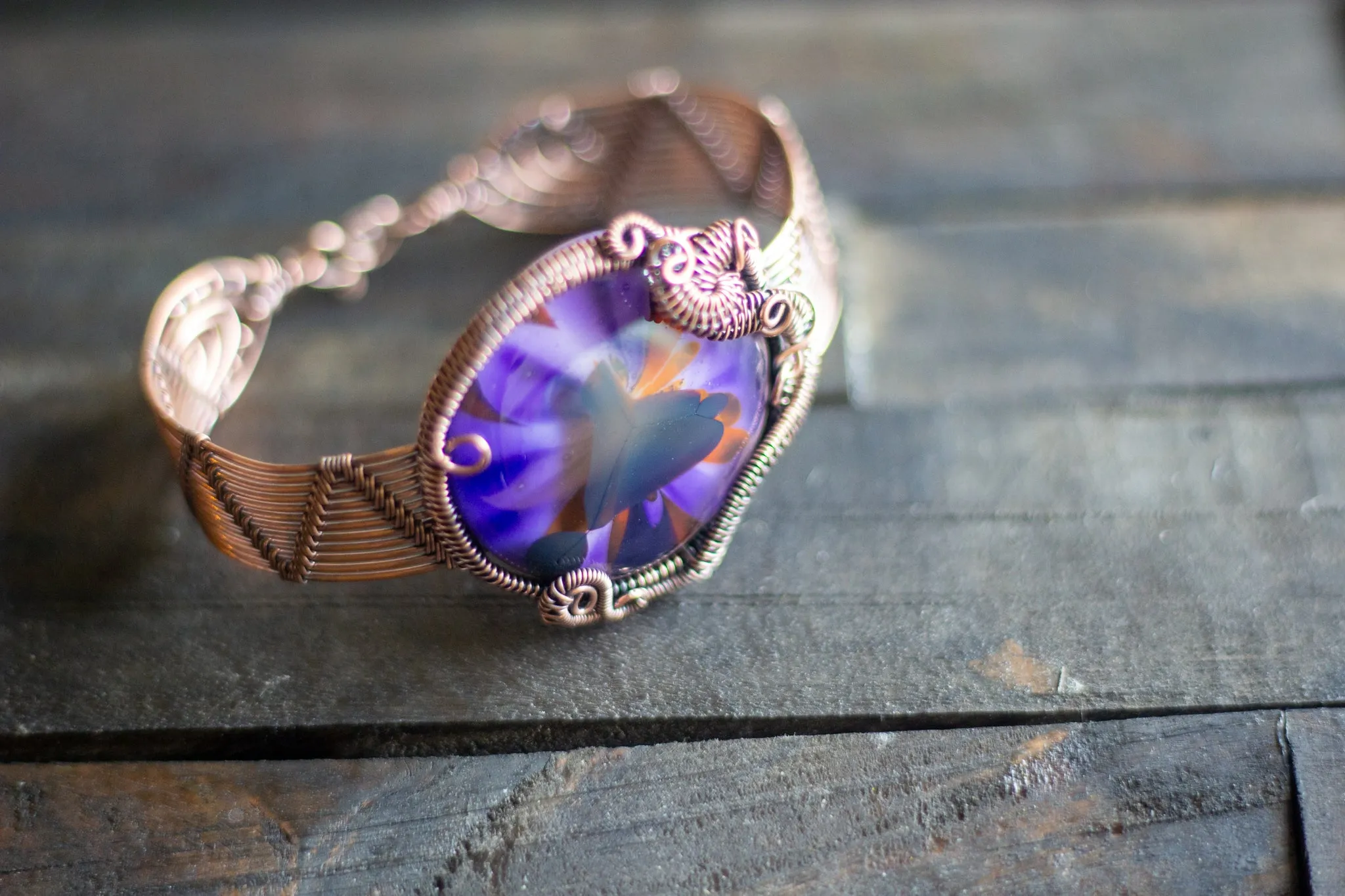 Purple and Red Fused Glass and Copper Statement Bracelet
